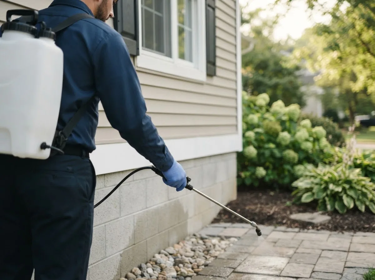 Pest control technician inspecting a home in Exeter, NE